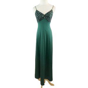 Vintage 70's Sequin Bodice Emerald Green Maxi Dress